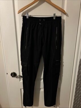 Men's Black Cargo Jogger Pants with Zip Pockets and Drawstring Waist